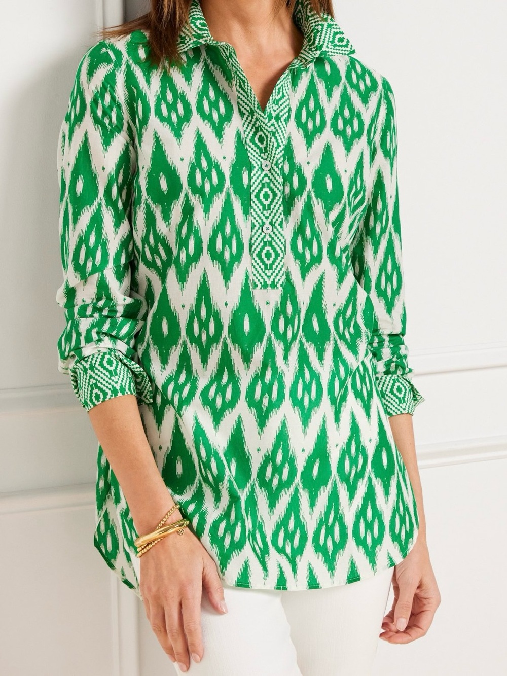 Talbots Small Green Ikat Print Cotton Popover Blouse Tunic Long Sleeve Preppy